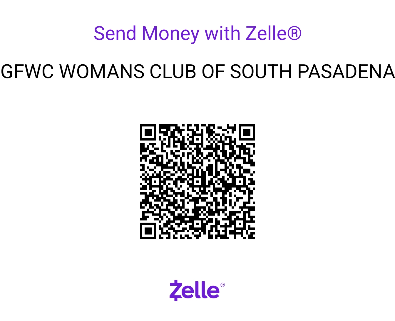 Zelle QR code for The Woman's Club of South Pasadena membership dues
