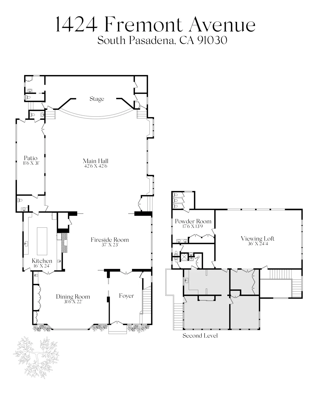 Floor plan of The South Pasadena Clubhouse showing the 5,000 sq ft main hall, stage, kitchen and ADA entry